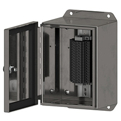 A render of CTC CRHT202 series stainless steel cable reduction box shown with cover unlatched.